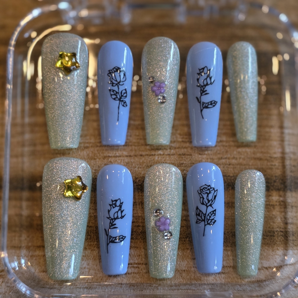 48. Blue and Gold Glitter Press-On Nails